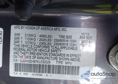 2019 Honda Cr-V Ex-L z USA, uszkodzony, nr VIN 5J6RW2H87KL032029